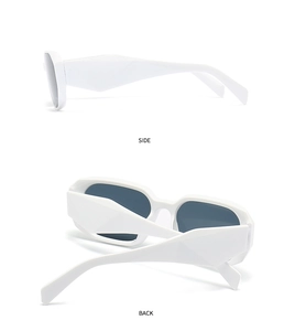 Detailed side and back views of white rectangle sunglasses with bold geometric frames