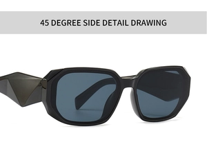 Detail view of modern square sunglasses featuring unique 3D geometric temples and blue-grey lenses
