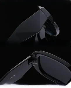 Detail view of reinforced metal hinges and CE certification mark on black square sunglasses