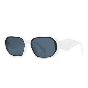 Modern retro square sunglasses with white geometric frames and dark grey lenses for women