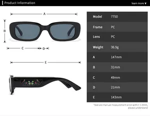 Tableau des tailles détaillé pour lunettes de soleil avant-garde à monture étroite