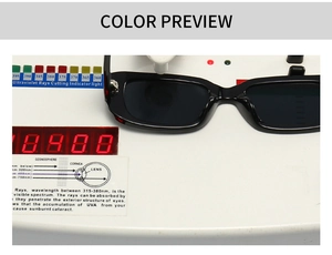 Test de protection UV pour lunettes de soleil rectangulaires noires montrant l'efficacité