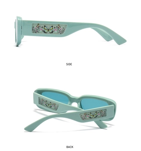 Vues latérale et arrière des lunettes de soleil vert menthe avec motif papillon floral
