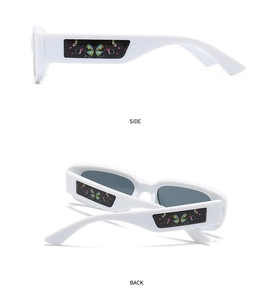 Vue latérale et arrière de lunettes de soleil blanches avec motif floral sur les branches