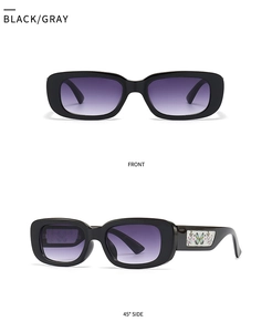 Vues de face et de côté à 45° de lunettes de soleil rectangulaires noires à verres dégradés