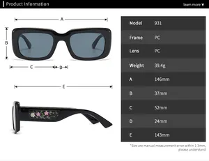 Detailed size chart for square sunglasses featuring precise dimensions and PC frame specs