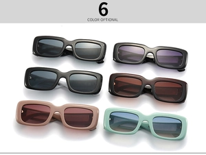 Flat lay of rectangular bold frame sunglasses in six vibrant color options