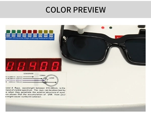 Detail showing UV400 protection test for modern black square sunglasses on testing device