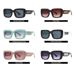 Macro view of modern square sunglasses showing colorful floral patterns on temples in 6 colors