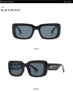 Front and 45-degree side view of black square sunglasses with floral temple pattern