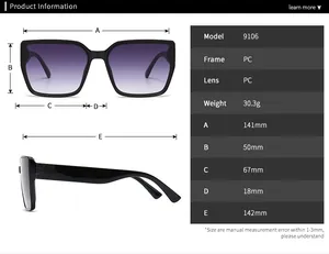 Detailed size chart for polygon sunglasses model 9106 with full frame dimensions and weight