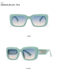 Front and side view of mint green rectangular sunglasses with floral temple cutouts