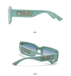 Side and back view of mint green square sunglasses with floral temple pattern and blue lenses