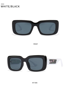 Front and 45-degree side views of black rectangular sunglasses with floral print temples