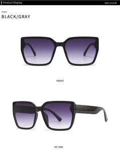 Front and side view of black polygon sunglasses with purple gradient lenses