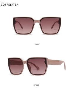 Front and 45-degree side views of modern oversized square sunglasses in translucent coffee