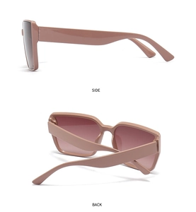 Side and back views of nude polygon sunglasses with brown gradient lenses and wide frames
