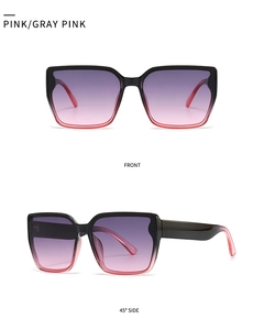Close-up of pink and gray gradient square sunglasses with front and 45-degree side views
