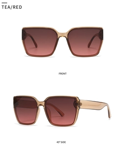Front and side view of square oversized sunglasses with amber frames and gradient lenses