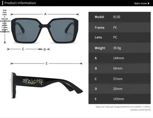 Detailed size chart for oversized square sunglasses showing frame and lens dimensions