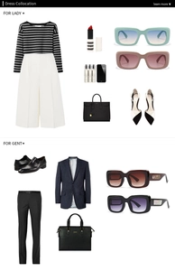 Fashion collection featuring striped tops, dress pants, and modern square sunglasses