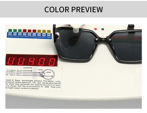 Detailed UV400 test showing protective black square sunglasses on a digital tester