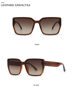 Front and 45-degree side view of leopard print sunglasses with tea gradient lenses