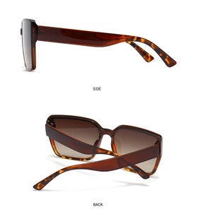 Side and back view of oversized rectangular sunglasses with brown tortoiseshell texture
