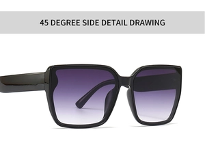 45-degree side view of trendy black square sunglasses with purple gradient lenses