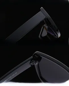 Detail of durable hinges and UV protection lenses on black polygonal sunglasses
