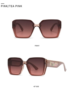 Detailed front and side view of pink square sunglasses with colorful butterfly decor
