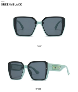 Detail view of square green and black sunglasses with floral butterfly pattern temples