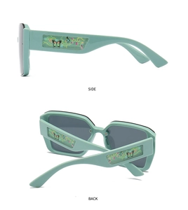 Detail view of mint green sunglasses with floral and butterfly painted temples