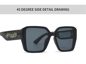 Side view detail of black square sunglasses with colorful floral and butterfly temple patterns