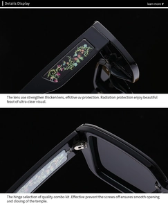 Detail of durable metal hinges and colorful floral pattern on black oversized sunglasses