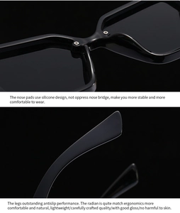 Detail of silicone nose pads and ergonomic temples on glossy black square sunglasses