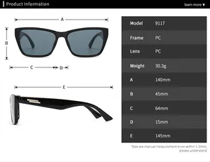 Tableau des tailles pour lunettes de soleil œil de chat 9117 avec dimensions et poids
