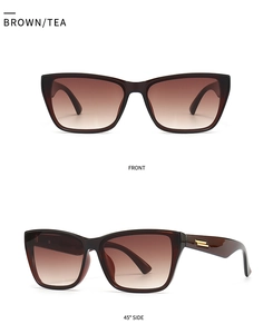 Lunettes de soleil œil de chat marron avec détails dorés en vues de face et de profil