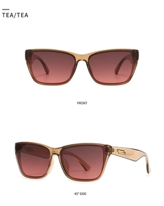 Vues de face et de profil à 45 degrés de lunettes de soleil cat-eye avec verres thé