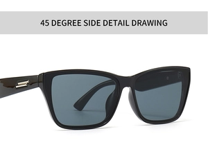 Vue latérale à 45 degrés de lunettes de soleil carrées noires avec charnières métalliques