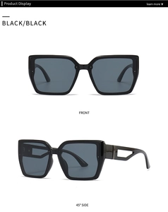Détails de lunettes de soleil carrées noires avec découpes géométriques sur les branches
