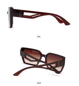 Détail de lunettes de soleil carrées en écaille avec branches ajourées et verres dégradés