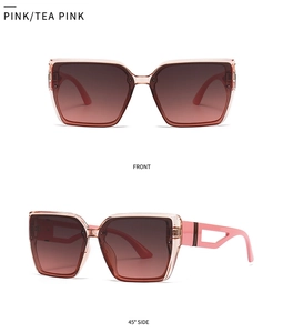 Détails de lunettes de soleil carrées roses avec branches à motifs géométriques creux