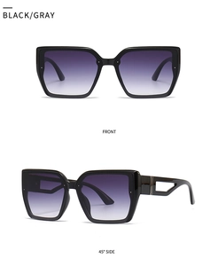 Vues de face et de profil à 45 degrés de lunettes de soleil carrées noires avec découpes
