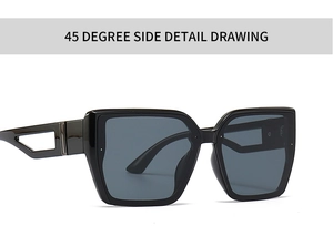 Vue latérale à 45 degrés des lunettes de soleil carrées noires avec branches ajourées chic