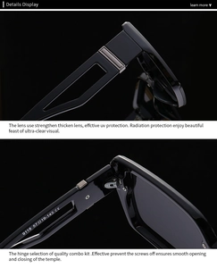 Vue macro de lunettes carrées avec charnières en métal et verres anti-UV400