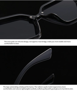 Détails des plaquettes de nez ergonomiques et des branches de ces lunettes de soleil noires