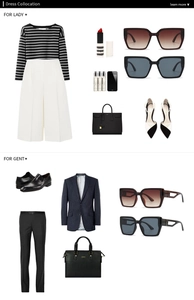 Mise à plat de tenues professionnelles incluant lunettes de soleil carrées et accessoires