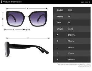 Detailed size chart for square frame sunglasses with model 9110 and weight 33.3g