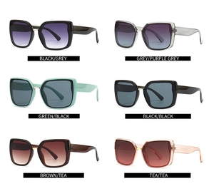 Square oversized sunglasses shown in six color options including gradient and solid lenses